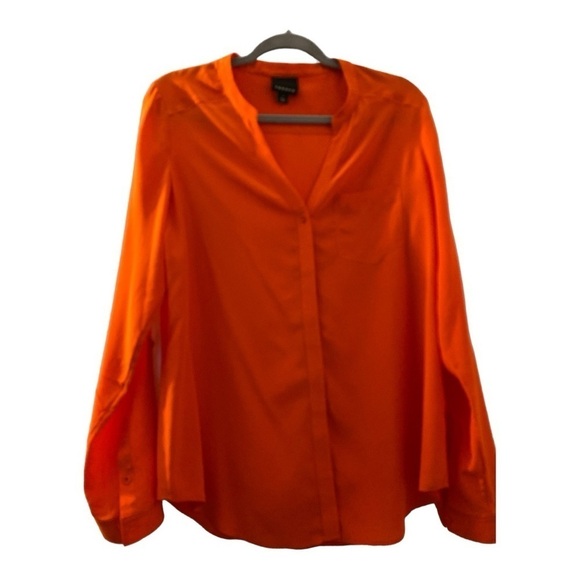 Trouve silk top, orange, hidden button down , long sleeves, V-Neck, one pocket. - Picture 2 of 7